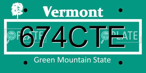 674CTE Vermont License Plate