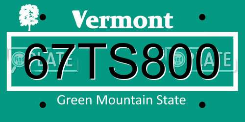67TS800 Vermont License Plate