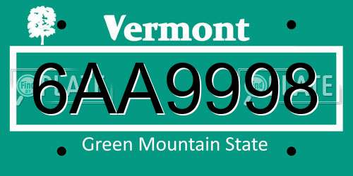 6AA9998 Vermont License Plate