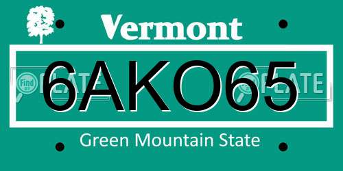 6AKO65 Vermont License Plate