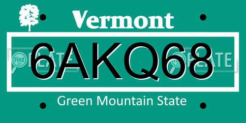 6AKQ68 Vermont License Plate
