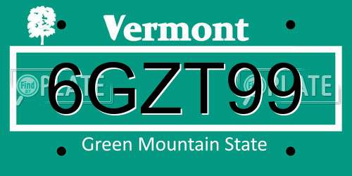 6GZT99 Vermont License Plate