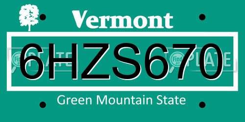 6HZS670 Vermont License Plate