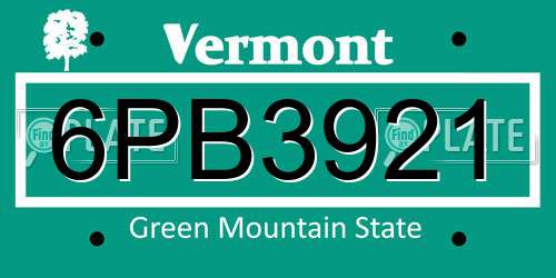 6PB3921 Vermont License Plate