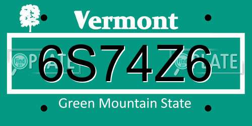 6S74Z6 Vermont License Plate