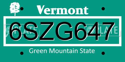 6SZG647 Vermont License Plate