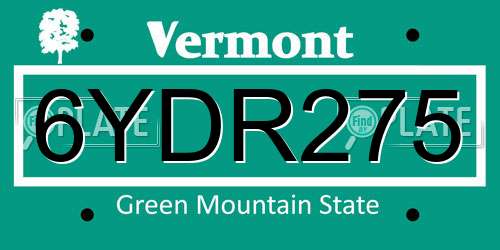 6YDR275 Vermont License Plate