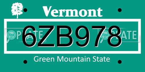 6ZB978 Vermont License Plate