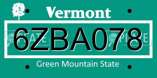 6ZBA078 Vermont License Plate