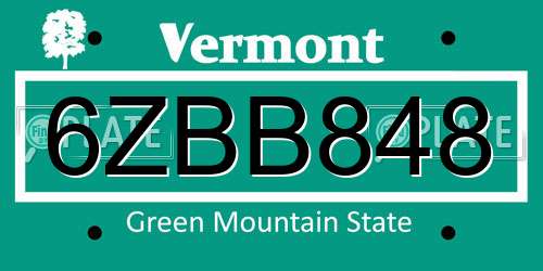 6ZBB848 Vermont License Plate
