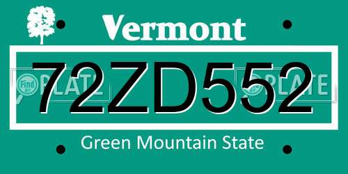 72ZD552 Vermont License Plate