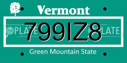 799IZ8 Vermont License Plate