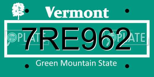 7RE962 Vermont License Plate