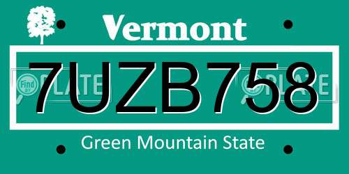 7UZB758 Vermont License Plate