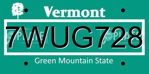 7WUG728 Vermont License Plate