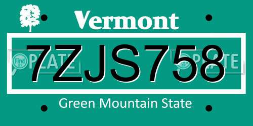 7ZJS758 Vermont License Plate