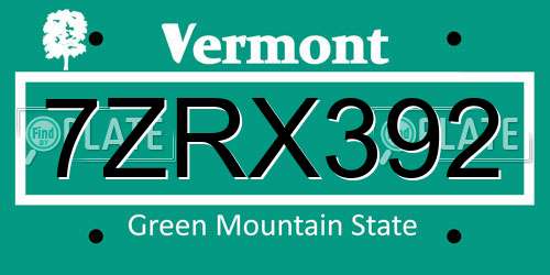 7ZRX392 Vermont License Plate