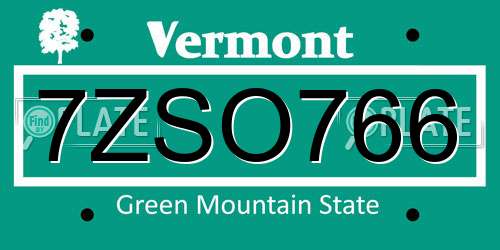 7ZSO766 Vermont License Plate
