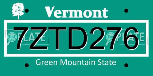 7ZTD276 Vermont License Plate