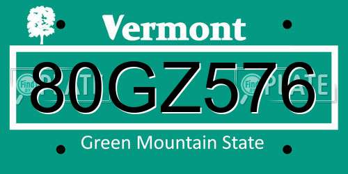80GZ576 Vermont License Plate