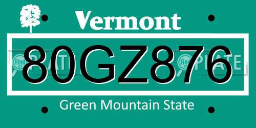 80GZ876 Vermont License Plate