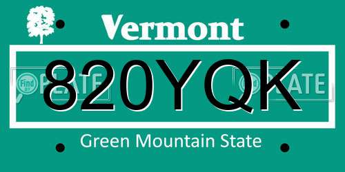 820YQK Vermont License Plate