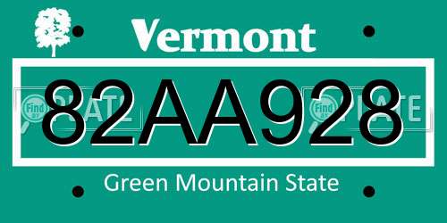 82AA928 Vermont License Plate