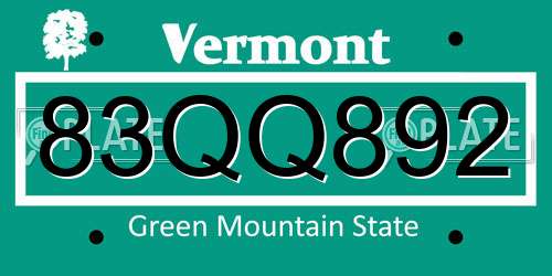 83QQ892 Vermont License Plate