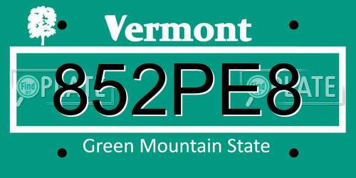 852PE8 Vermont License Plate