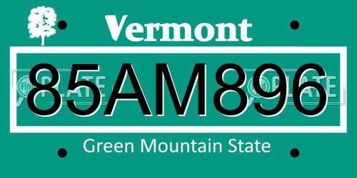 85AM896 Vermont License Plate