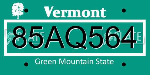 85AQ564 Vermont License Plate