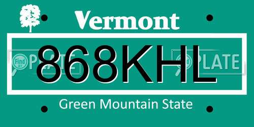 868KHL Vermont License Plate