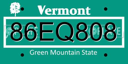 86EQ808 Vermont License Plate