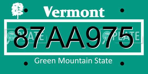 87AA975 Vermont License Plate
