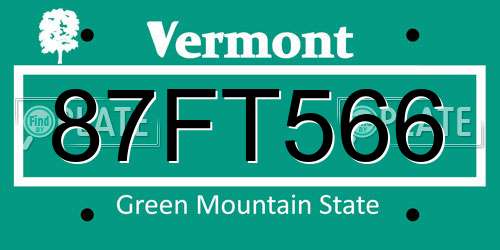 87FT566 Vermont License Plate