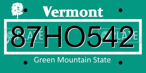 87HO542 Vermont License Plate