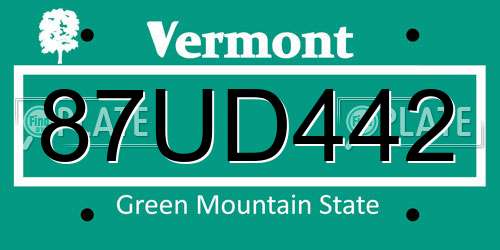 87UD442 Vermont License Plate