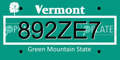 892ZE7 Vermont License Plate