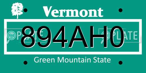 894AH0 Vermont License Plate