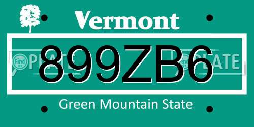899ZB6 Vermont License Plate
