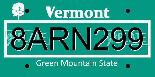 8ARN299 Vermont License Plate