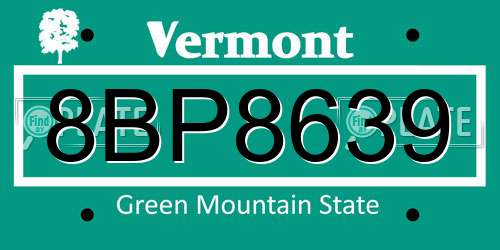 8BP8639 Vermont License Plate