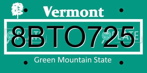 8BTO725 Vermont License Plate