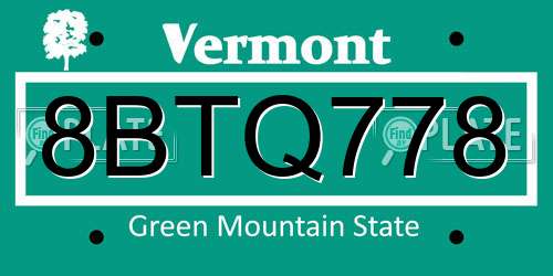 8BTQ778 Vermont License Plate