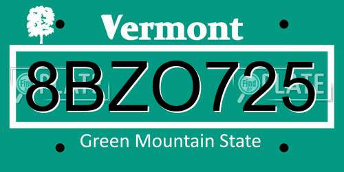 8BZO725 Vermont License Plate