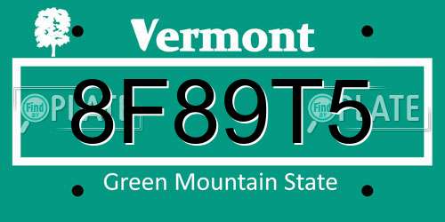 8F89T5 Vermont License Plate