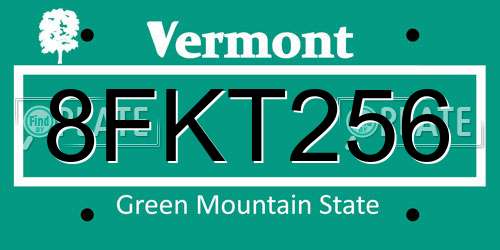 8FKT256 Vermont License Plate