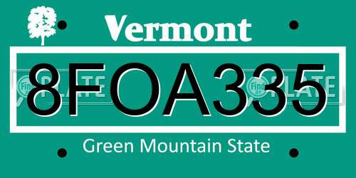 8FOA335 Vermont License Plate