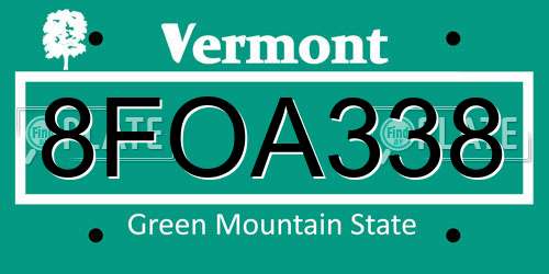 8FOA338 Vermont License Plate