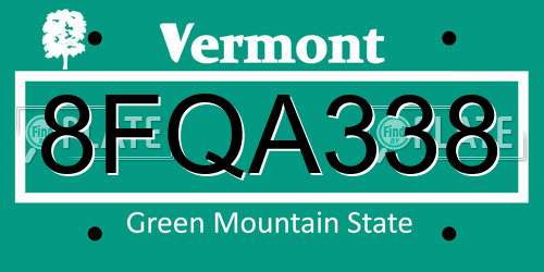 8FQA338 Vermont License Plate